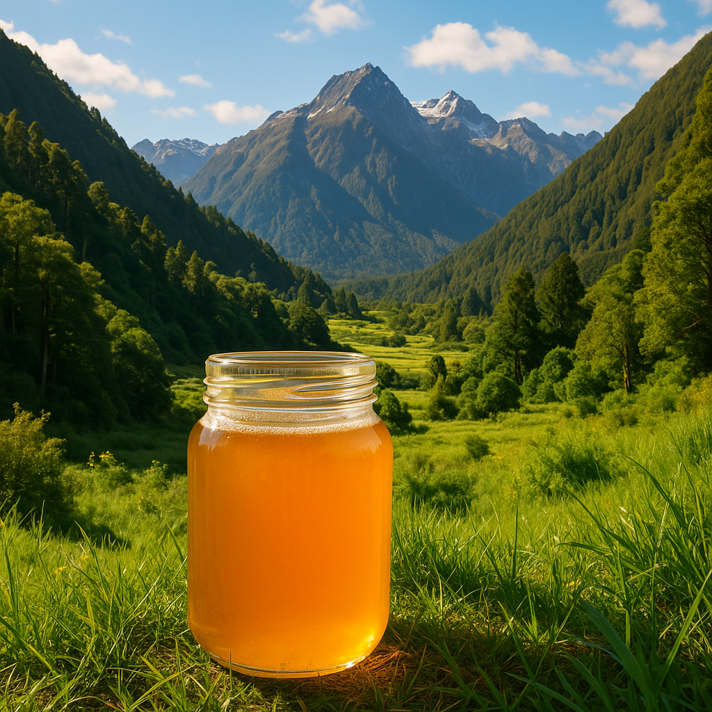 KUINI honey jar against New Zealand scenic landscape